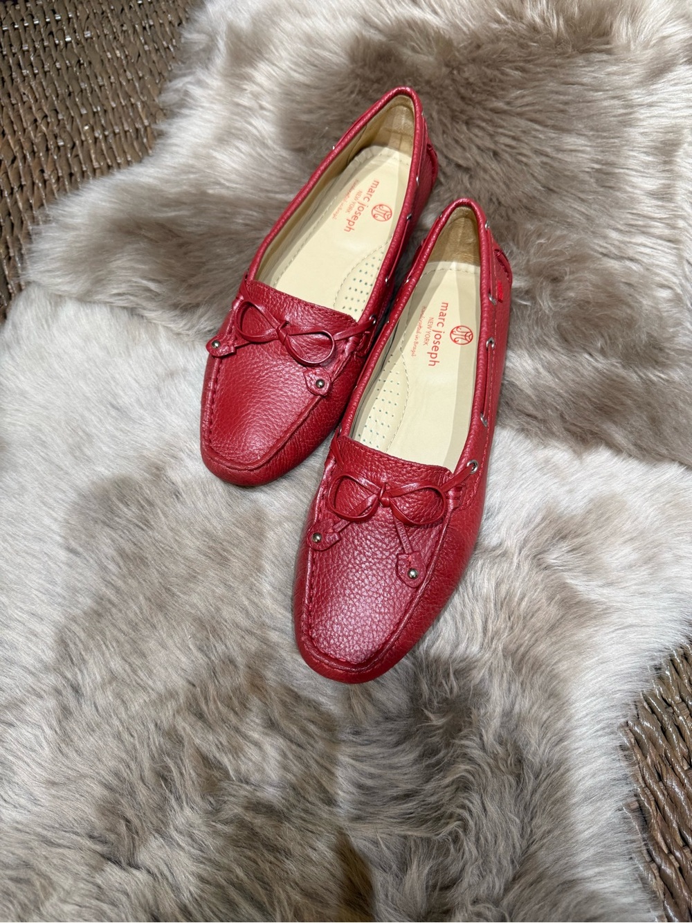 Marc Joseph Red Pebbled Leather Bow Loafers